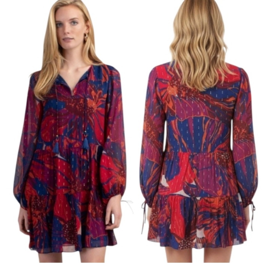Trina Turk SILK cinema Boho Floral Print Long Sleeve Dress navy and Red Large